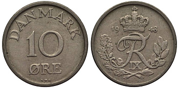 ДАНИЯ 10 ЭРЕ 1948 N; S, ФРЕДЕРИК IX (1947-1972) KM 841.1 медно-никель 4549-867