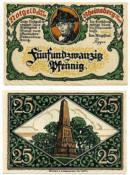 Райнсберг 25 пфеннигов 1922 нотгельд (OBELISK), земля Бранденбург Grabowski 1120.4b бумага 2196-3-1-1