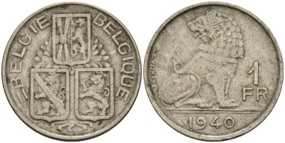 Бельгия 1 франк 1940 BELGI? - BELGIQUE KM 120 никель 51-313