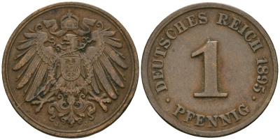 Германия 1 пфенниг 1895 J, Вильгельм II (1888-1918) KM 10, J. 10 медь 4608-244