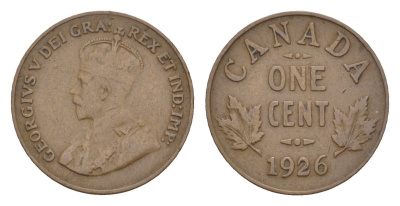 Канада 1 цент 1926 Георг V (1910-1936), редкий год - 2.143.372 экземпляров KM 28 бронза 4655-436