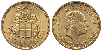 Исландия 500 крон 1961 100 лет со дня рождения Йоуну Сигурдссону KM 14 золото UNC 00-000-00