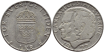 Швеция 1 крона 1977 Карл XVI Густав (1973- ) KM 852 медь плакированная медно-никелем 4397-844