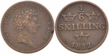 Швеция 1/6 скиллинга 1832 Карл XIV Юхан (1818-1844) KM 635 (434) медь 175-1043
