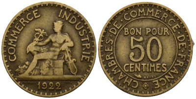 Франция 50 сантимов 1922 тип Chambre de Commerce KM 884, Le Franc 191.5 алюминиевая бронза 4602-162
