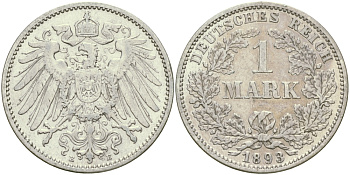Германия 1 марка 1893 E, цена по каталогу MT 150 евро Weege 18, J. 17, KM 14 серебро aUNC 413-5212