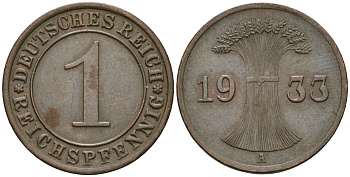 Германия 1 рейхспфенниг 1933 A KM 37, J. 313 бронза 4189-1221