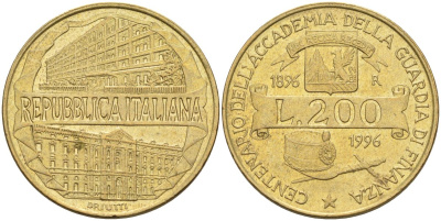 Италия 200 лир 1996 R, 100 лет Академии таможенной службы KM 184 алюминиевая бронза 4126-125