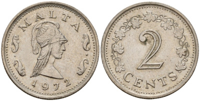 Мальта 2 цента 1972 Пентесилея, царица амазонок KM 9 медь цинк 4154-661