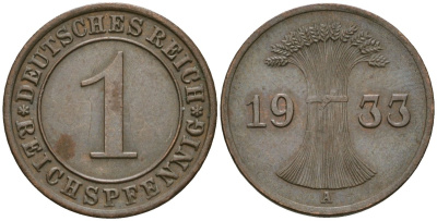 Германия 1 рейхспфенниг 1933 A KM 37, J. 313 бронза 4189-1221