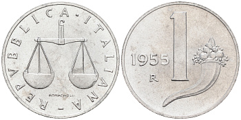 Италия 1 лира 1955 R, весы KM 91 алюминий  UNC  4594-758
