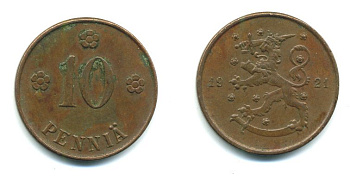 Финляндия 10 пенни 1921 республика (1918-1962) KM 24 медь 29-541
