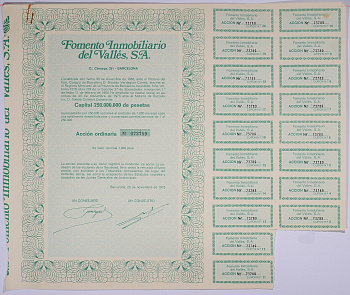 Испания акция на 1000 песет 1973 Fomento Inmobiliario del Valles, S.A., Барселона 1973, с купонами бумага 5548-35-1-2