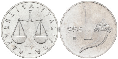 Италия 1 лира 1955 R, весы KM 91 алюминий  UNC  4594-758