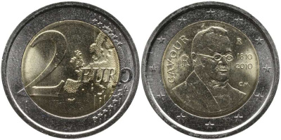Италия 2 евро 2010 200 лет со дня рождения Камилло Бенсо Кавура KM 328 биметалл UNC 115-1136