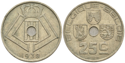 Бельгия 25 сантимов 1938 Belgique - Belgie KM 114.1 никель латунь 259-1027