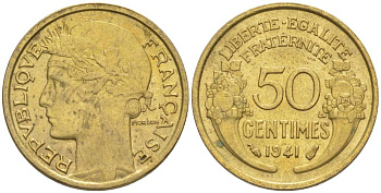 ФРАНЦИЯ 50 САНТИМОВ 1941 ТИП MORLON KM 894.1, LE FRANC 192.18 алюминиевая бронза 44-414