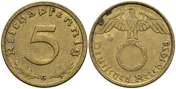 Германия 5 рейхспфеннигов 1938 G KM 91, J. 363 алюминиевая бронза 4151-868