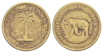 Либерия 2 цента 1937 KM 12 латунь 4637-243