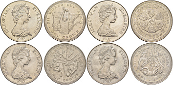 Остров Мэн полный набор из 4 монет (1 крона) 1982 чемпионат мира по футболу в Испании KM 91, 92, 93 и 94 медно-никель BU 4527-1111-1114