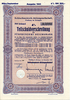 Германия 500 рейхсмарок 1941 АО Schluchseewerk (оператор 5 ГЭС), Фрайбург-им-Брайсгау, 4% -ное частичное обязательство   бумага  8804-83-1