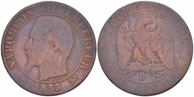 Франция 5 сантимов 1855 B, Наполеон III (1852-1870) KM 777.2, LE FRANC 116.19 бронза 108-353