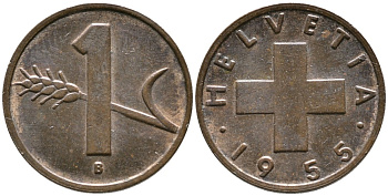 ШВЕЙЦАРИЯ 1 РАППЕН 1955 В KM 46 бронза 4528-617