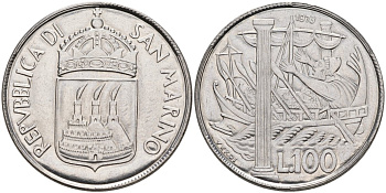 Сан-Марино 100 лир 1973 R, УЛИСС И "ГЕРКУЛЕСОВЫ СТОЛБЫ" KM 28 нержавеющая сталь UNC 00-00