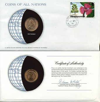 Восточно-Карибские штаты, Монтсеррат 1 цент 1965 конверт с маркой первого дня гашения, Coins of Nations KM 2 бронза UNC 4294-37-1