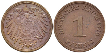 ГЕРМАНИЯ 1 ПФЕННИГ 1910 F KM 10, J. 10, Weege 2 медь 211-431