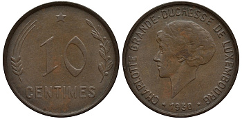 Люксембург 10 сантимов 1930 Шарлотта (1918-1964) KM 41 бронза 4538-727