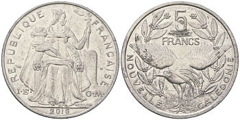 Французская Новая Каледония 5 франков 2016 птица кагу, (IEOM) KM 16, Schoen 12, Lec 81k алюминий 4117-1223