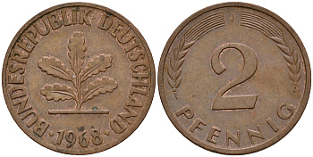 ФРГ 2 пфеннига 1968 J J.381a KM 106a сталь плакированная медью    4598-757