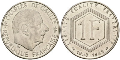 Франция 1 франк 1988 Шарль де Голль, 30 лет республике KM 963 никель 4135-1111