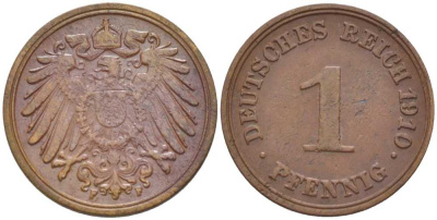 ГЕРМАНИЯ 1 ПФЕННИГ 1910 F KM 10, J. 10, Weege 2 медь 211-431