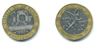 Франция 10 франков 1989 тип гений Бастилии KM 964.1, Le Franc 375.3 биметалл 176-1211