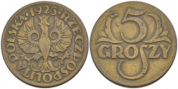 ПОЛЬША 5 ГРОШЕЙ 1923 KM 10 латунь 112-1155