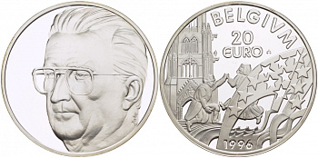 Бельгия 20 евро 1996 эпоха, предшествовавшая евро, Альберт II (1993-2013) серебро PROOF 11-136-31