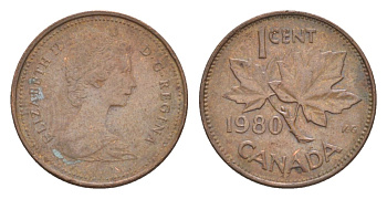 Канада 1 цент 1980 Елизавета II (1952-2022), кленовый лист KM 127 бронза 4630-559
