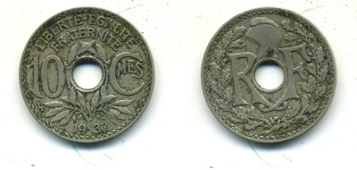 ФРАНЦИЯ 10 САНТИМОВ 1932 ТИП ЛИНДАЙЁ KM 866а медно-никель 84-335
