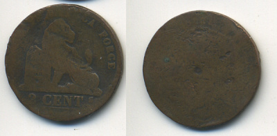 БЕЛЬГИЯ 2 САНТИМА 1849 KM 4.2 медь 35-1455