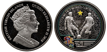 Британские Виргинские острова 1 доллар 2018 Чемпионат мира по футболу в России 2018 года, два игрока, цветная эмаль KM NEW медно-никель UNC 1077-9-11