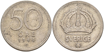 Швеция 50 эре 1944 G, Густав V (1907-1950) KM 817 серебро 4148-844