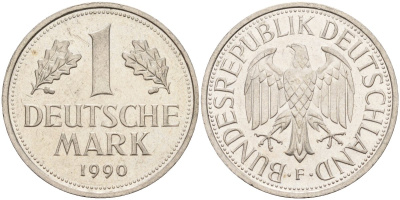 ФРГ 1 марка 1990 F KM 110, J. 385 медно-никель 4584-216