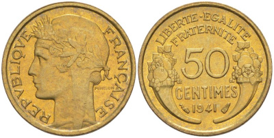 ФРАНЦИЯ 50 САНТИМОВ 1941 ТИП MORLON KM 894.1, LE FRANC 192.18 алюминиевая бронза 44-633