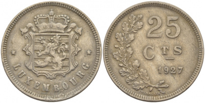 ЛЮКСЕМБУРГ 25 САНТИМОВ 1927 ГОД ТИП KM 37 медно-никель 4548-751