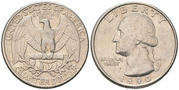 США 25 центов = квотер = 1/4 доллара 1990 D, Джордж Вашингтон KM 164a медь плакированная медно-никелем 190-1254