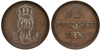 Ганновер 2 пфеннига 1849 B, Эрнст Август (1837-1851) KM 202.1, AKS 124, J. 75 медь 75-1934
