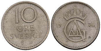 Швеция 10 эре 1970 Густав VI Адольф (1950-1973) KM 835 медно-никель 4164-1021