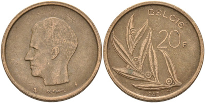 Бельгия 20 франков 1980 Belgie, Бодуэн I (1951-1993) KM 160 никель бронза 4126-227